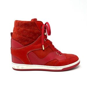 Louis Vuitton LV Logo Monogram High Top Suede Wedge Sneakers Shoes Red 37.5 7.5